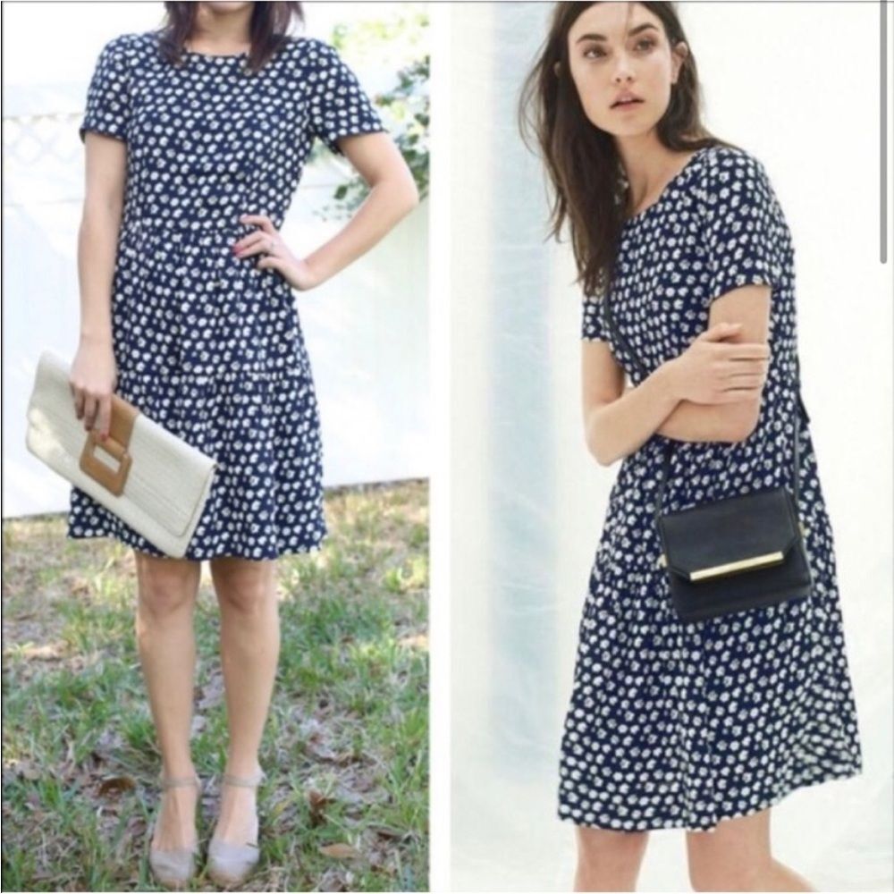 J. Crew Navy Blurred Floral Tiered Short Sleeve Dress, Size 0